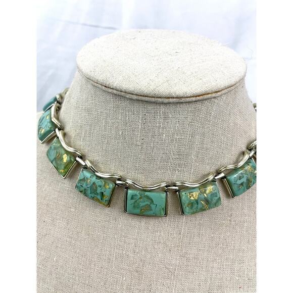 VTG Coro Thermoset Necklace Choker 17" Turquoise & Gold Confetti Silver Tone 50s - Picture 7 of 16